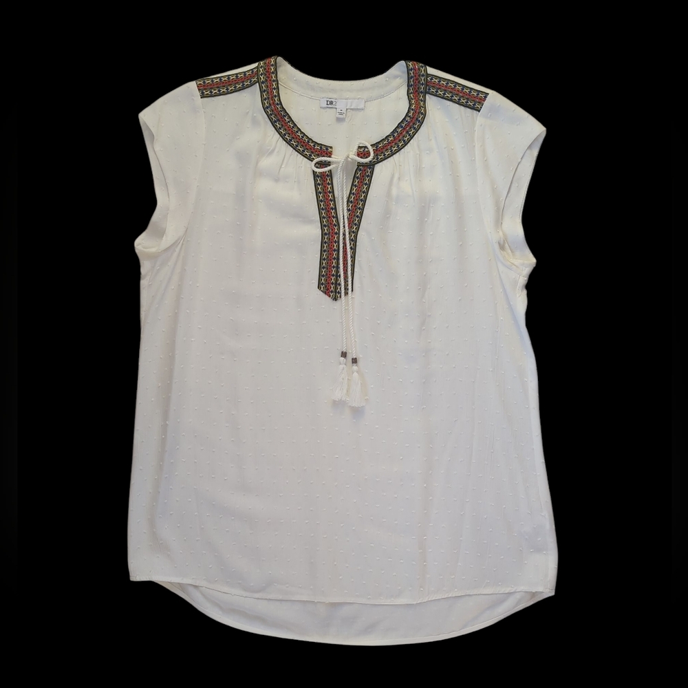 DR2 by Daniel Rainn Swiss Dot Tassel Tie Lightweight Blouse MEDIUM Ivory